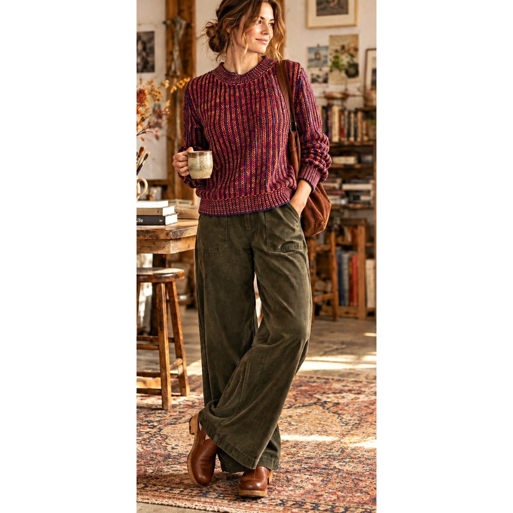 CAbi Women's M Ribbed Knit Crew Neck Marled Cotton Pullover Sweater Art Acadamia